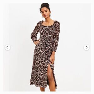 LOFT Black Midi Dress with Pink Floral Print